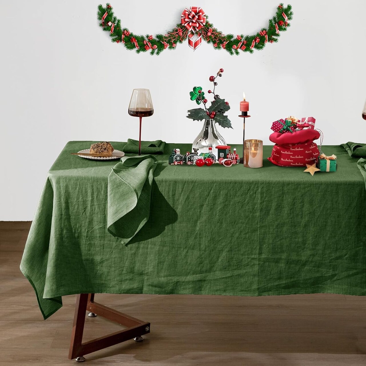 Linen Tablecloth 100% Pure Linen Table Cloth 60x120 Inches Rectangle Tablecloths Washable Cloths for Kitchen, Dining, Buffet Parties, Holidays, Picnic,Weddings and Restaurants-Christmas Green